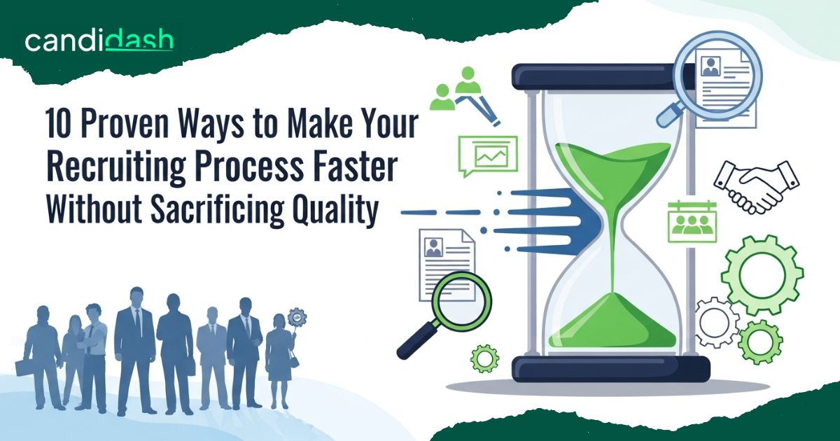 Illustration of hourglass, recruiters, and icons representing a faster recruiting process using recruitment software