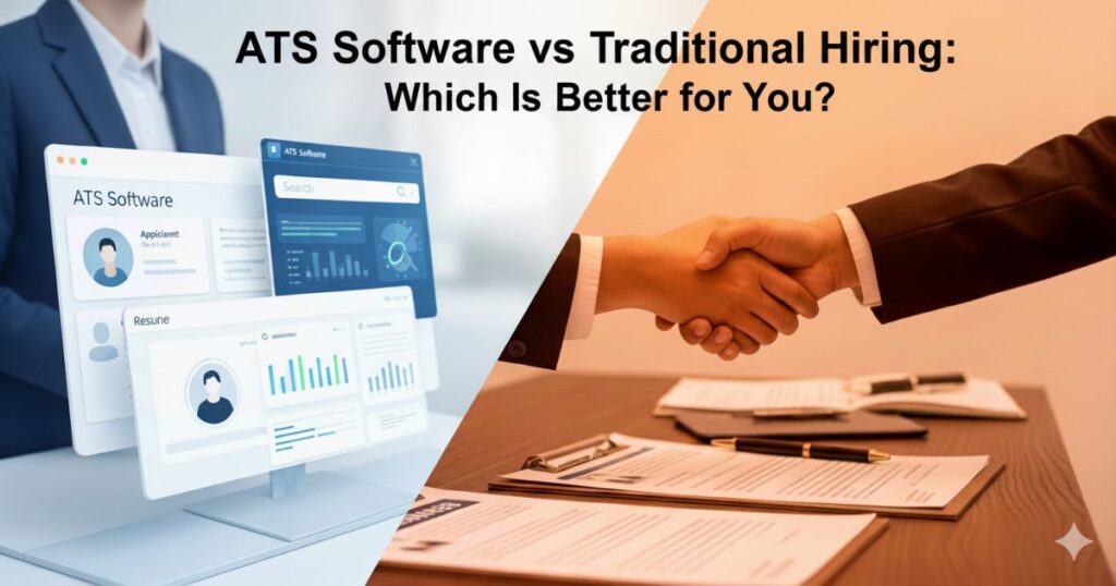 ATS software interface on the left, showing applicant profiles and data analytics, contrasting with a traditional hiring handshake over paper documents on the right, illustrating the difference between modern Applicant Tracking Systems and conventional recruitment methods.