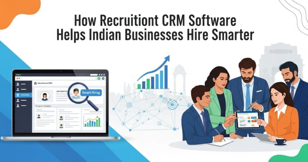 A diverse group of Indian business professionals collaboratively working, with a laptop displaying "Recruitment CRM software" interface and a magnifying glass over "Smart Hiring," symbolizing how Recruitment CRM software helps Indian businesses hire smarter.