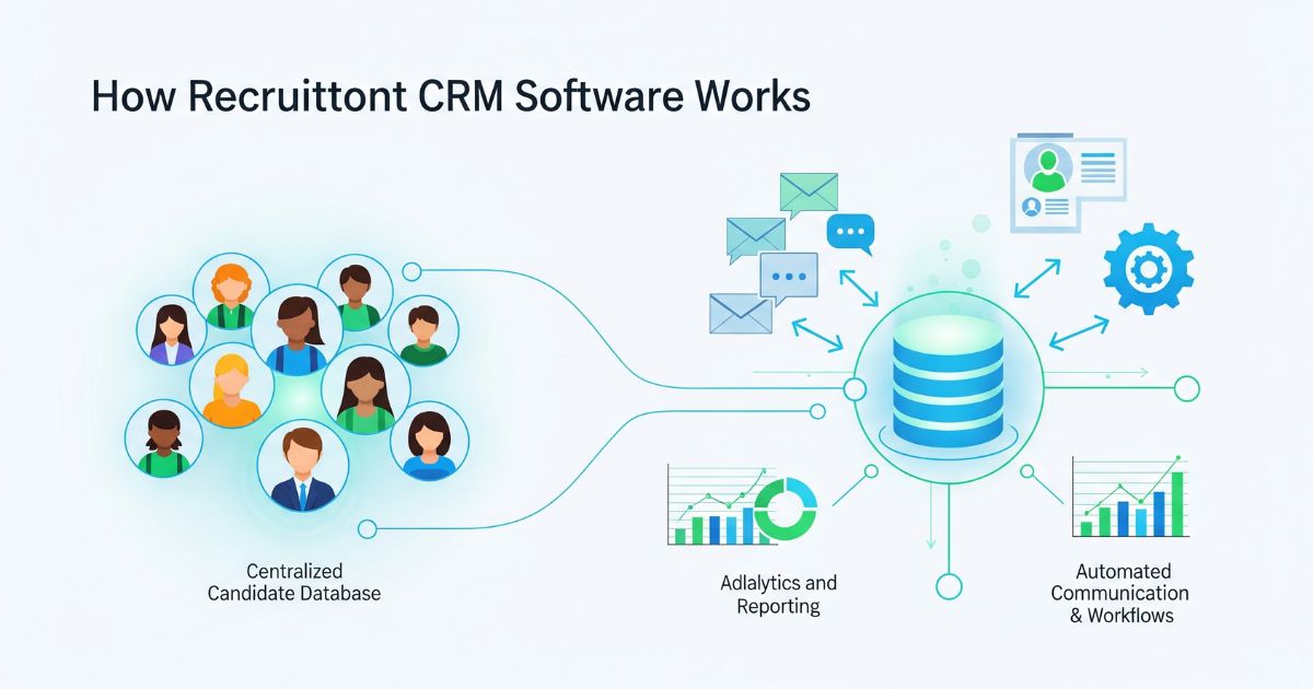 How Recruitment CRM software works - Centralized Candidate Database, Analytics, Automated Communication & Workflows