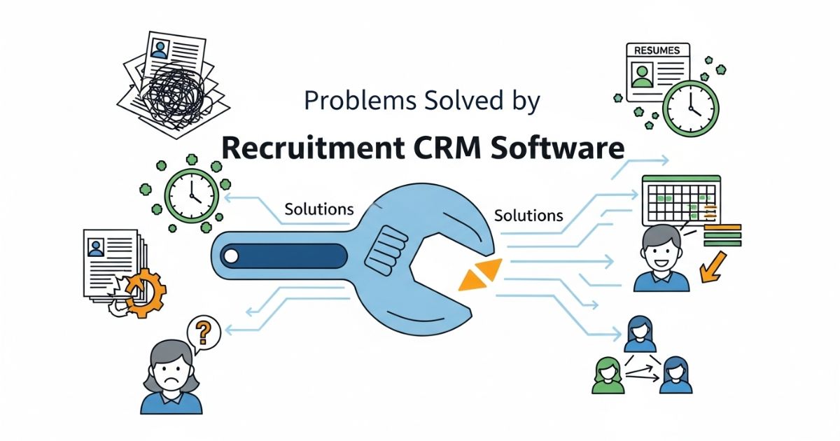 An illustration showing common recruitment problems like tangled resumes, time constraints, and communication issues being resolved by a central wrench labeled "Recruitment CRM Software," leading to streamlined processes, efficient scheduling, and improved candidate management.