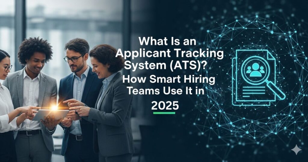 A group of diverse professionals discussing ATS software on a tablet in an modern office, with a digital overlay showing an applicant tracking system icon and network connections.