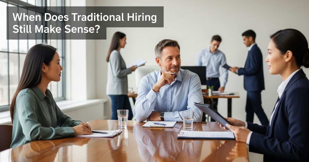 A group of professionals engaged in a traditional hiring interview, with two women and one man seated at a table, discussing resumes and applications, illustrating scenarios where traditional recruitment methods are preferred over ATS software.