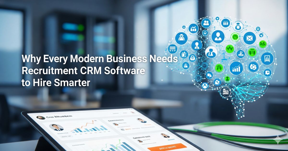 Recruitment CRM software interface on a tablet with a brain graphic representing smarter hiring strategies.