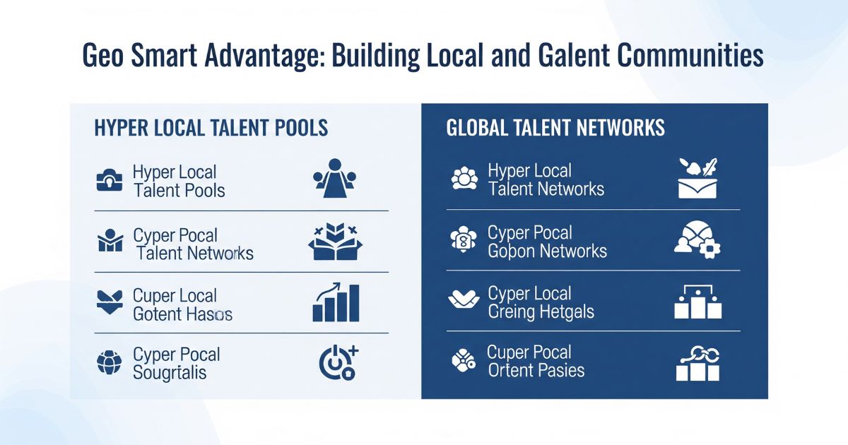 Geo Smart Advantage framework showing Hyper Local Talent Pools and Global Talent Networks for talent acquisition supported by Recruitment CRM software.