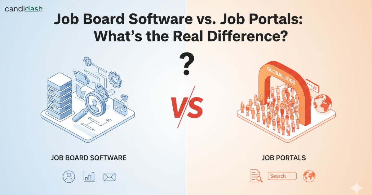 An illustration comparing Job Board Software (showing a data stack and search functionality) versus Job Portals (showing a large gateway and crowds of people).