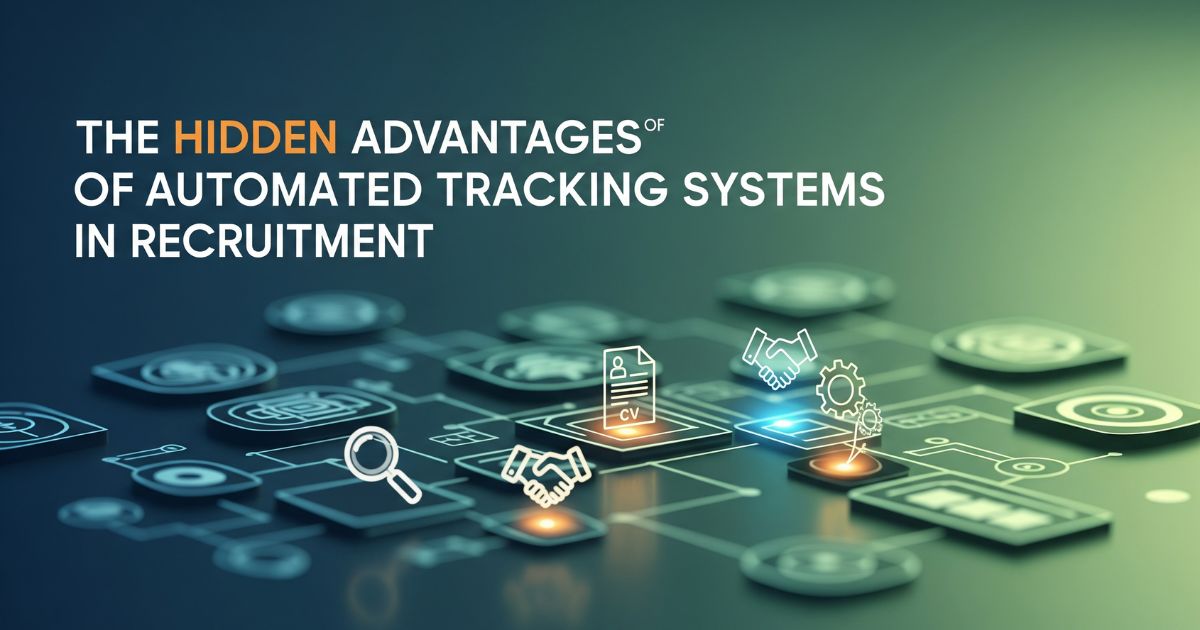 Hidden advantages of ATS software in recruitment, with an abstract image of a digital circuit board featuring a magnifying glass, handshake icon, and a CV document.