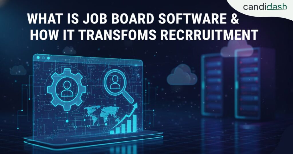 Job Board Software - A visual of the recruitment process transformation showing a magnifying glass searching through a global map and a graph of growth.
