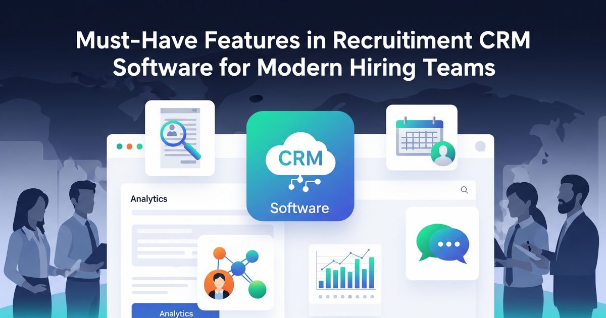 Illustration of key features in Recruitment CRM Software, including search, calendar, analytics, network mapping, and chat, essential for modern hiring teams.