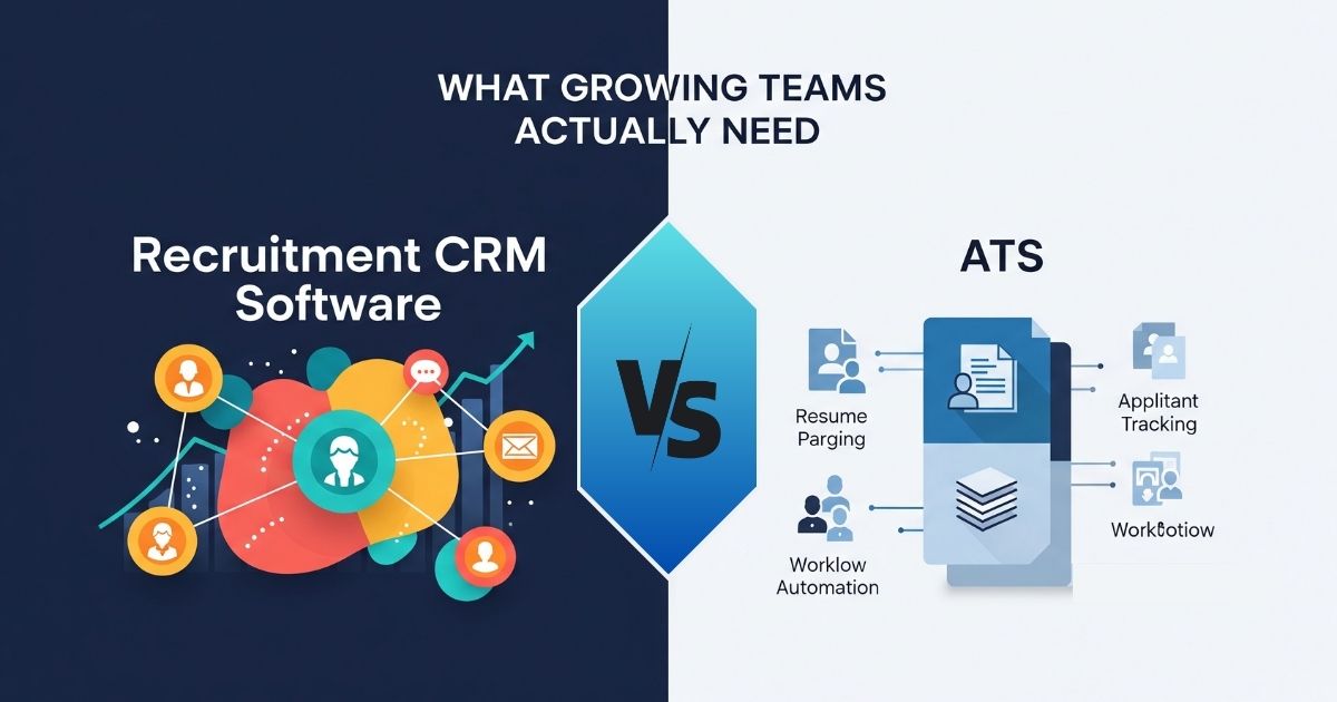 Recruitment CRM software vs ATS comparison showing how growing teams manage candidates, workflows, and hiring relationships