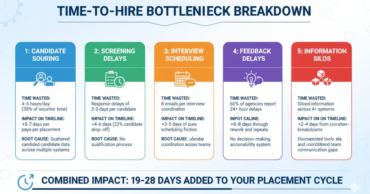 Infographic showing how staffing agency software solves recruitment bottlenecks like candidate sourcing, screening delays, and interview scheduling to reduce a 19-28 day delay in the placement cycle.